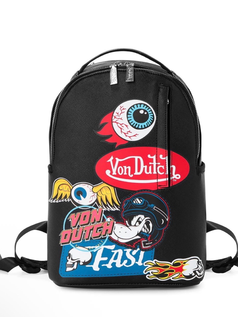 Von Dutch Black Mini Backpack with Multicolor Sticker Graphics